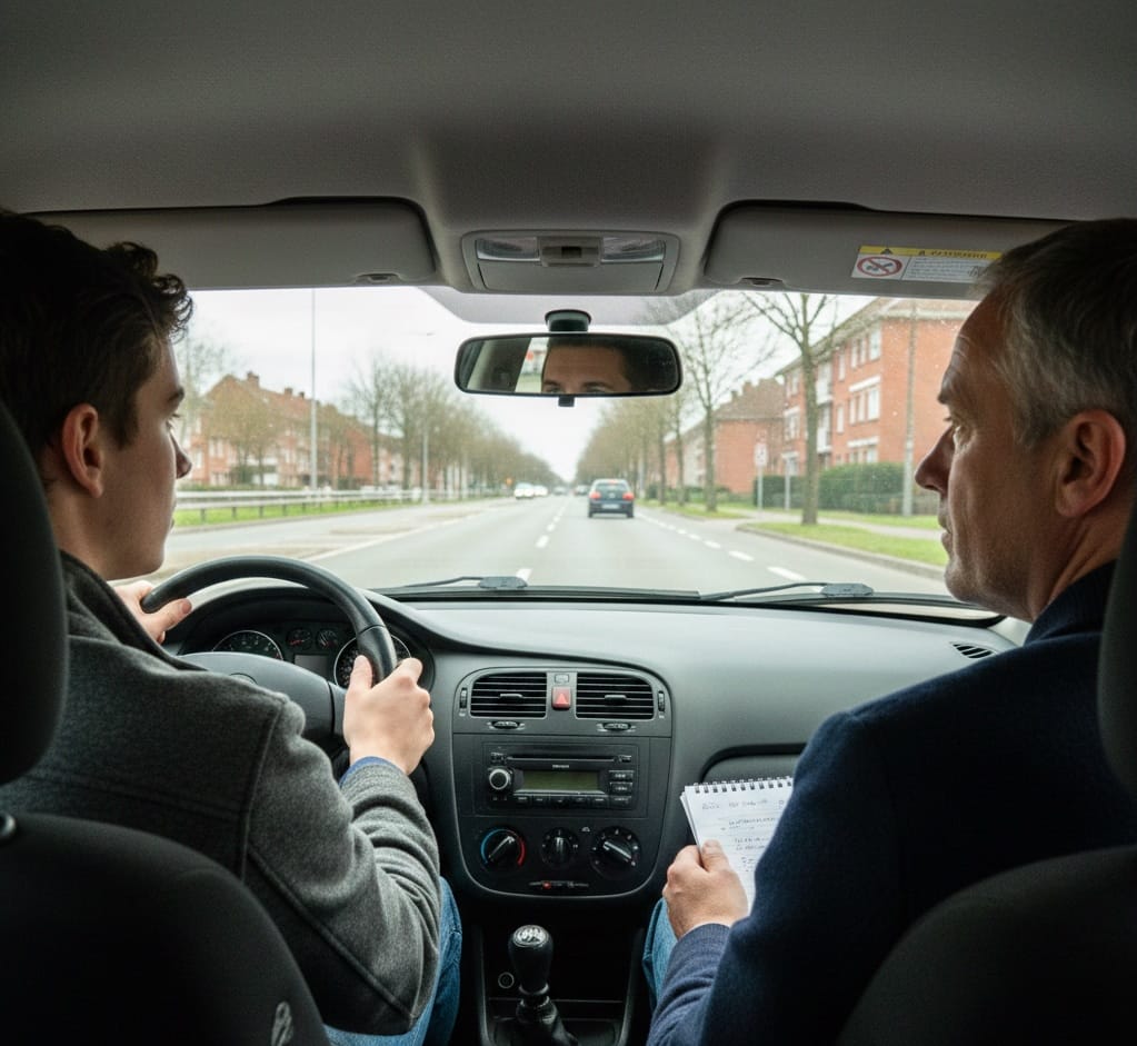 jeune candidat concentré au volant pour son examen de permis, examinateur assis à ses côtés