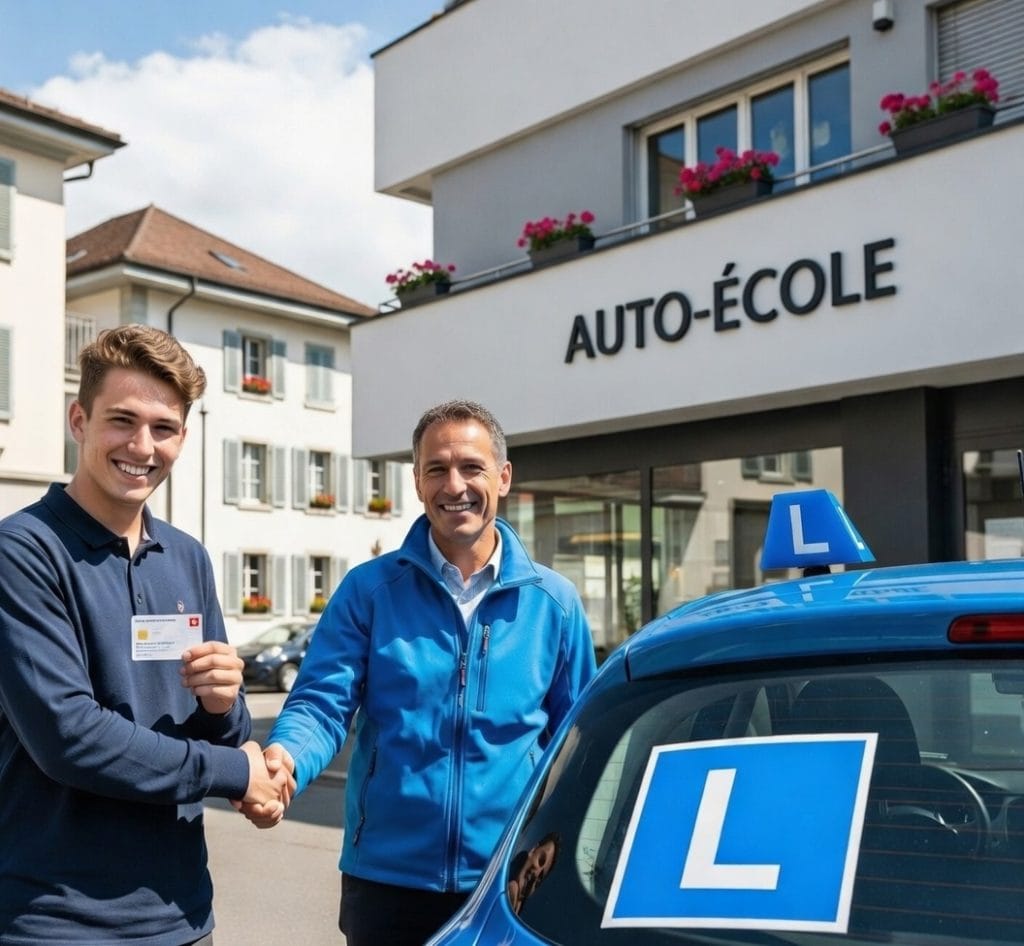 Jeune homme souriant en Suisse tenant son permis de conduire.