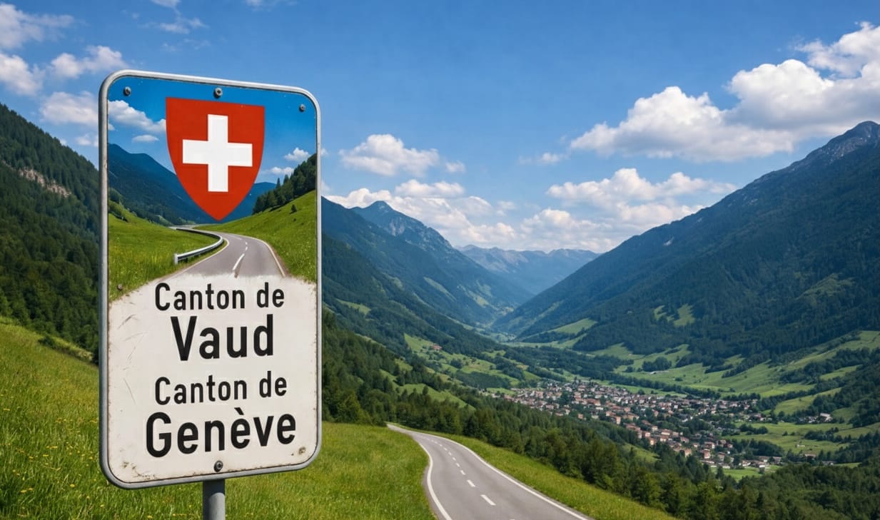 Panneau routier fictif marquant la transition entre le canton de Vaud et le canton de Genève humoristique!