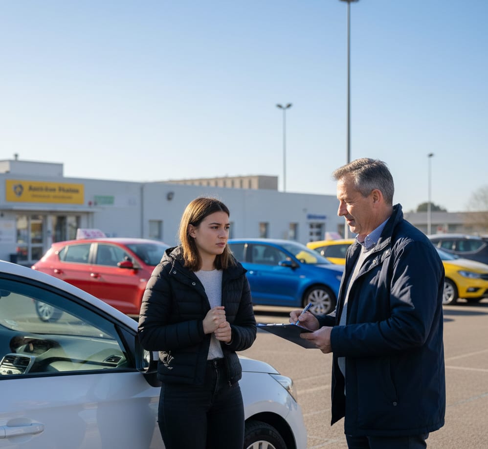Une candidate attend le verdict d'un examinateur qui prend des notes devant une voiture d'auto-école.